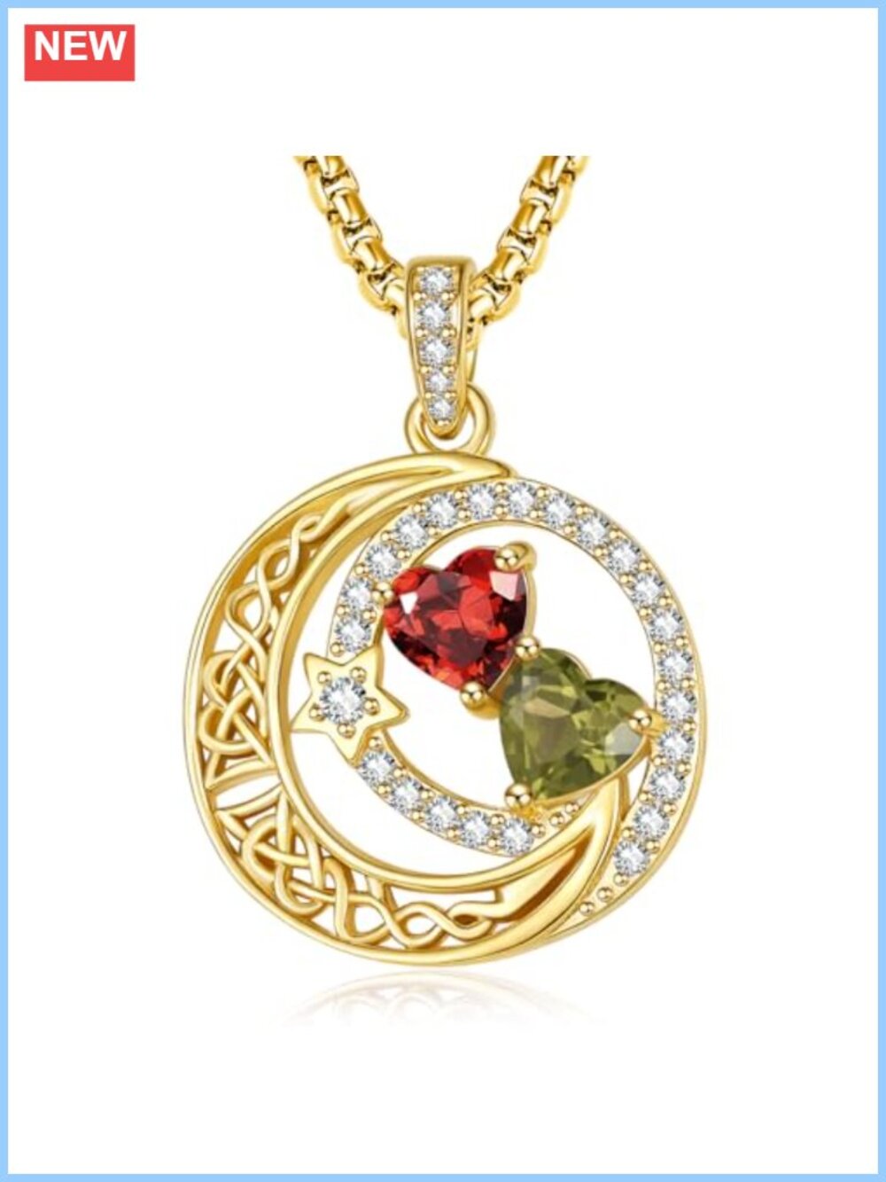 14K Gold Plated Moon Star Double Birthstone Necklace